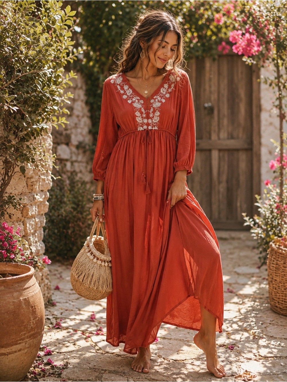 Blue Rain Rust Red Embroidered V-Neck Maxi Dress